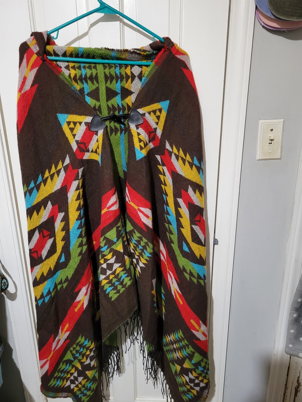 Hooded Aztec Pattern Poncho with Bright Multicolor Accents
